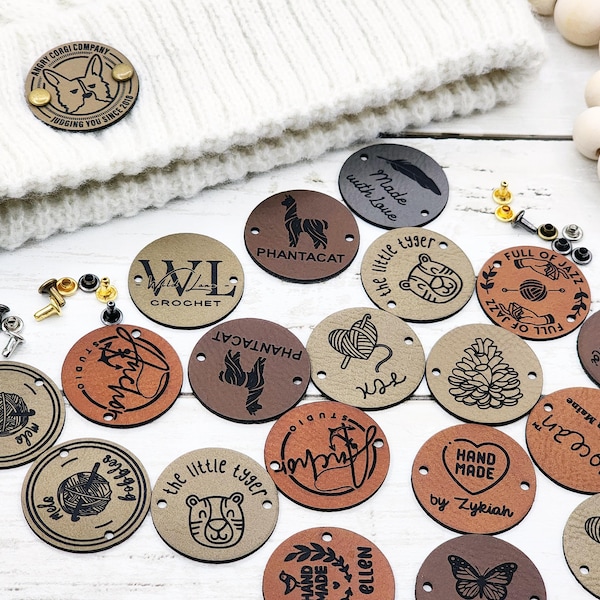 Ronde aangepaste tags 1,25 inch voor breiwerk, etiketten van imitatieleer voor handgemaakte items, leren tags met klinknagels, cadeaus voor breiers