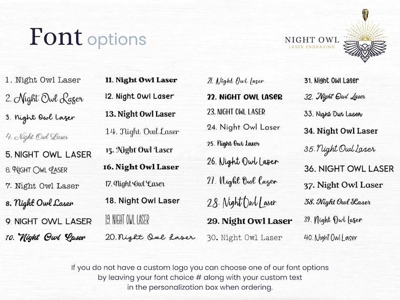 May include: A white background with black text listing 40 different font options for a laser engraving business called "Night Owl Laser Engraving". The text includes the number 1 through 40, followed by the phrase "Night Owl Laser" in different fonts.