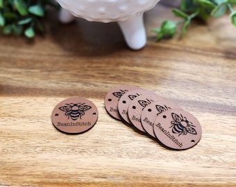 Custom Faux Leather Tags | 1.25" Round SEW ON Labels | Personalized Tags for Handmade Items | Business Labels for Knitting and Crocheting