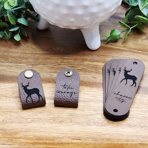 Custom Faux Leather Tags | 3" x 0.85" Rounded Fold Over Labels | NO SEW Personalized Tags for Handmade Items | Knitting and Crochet Labels