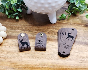 Custom Faux Leather Tags | 3" x 0.85" Rounded Fold Over Labels | NO SEW Personalized Tags for Handmade Items | Knitting and Crochet Labels