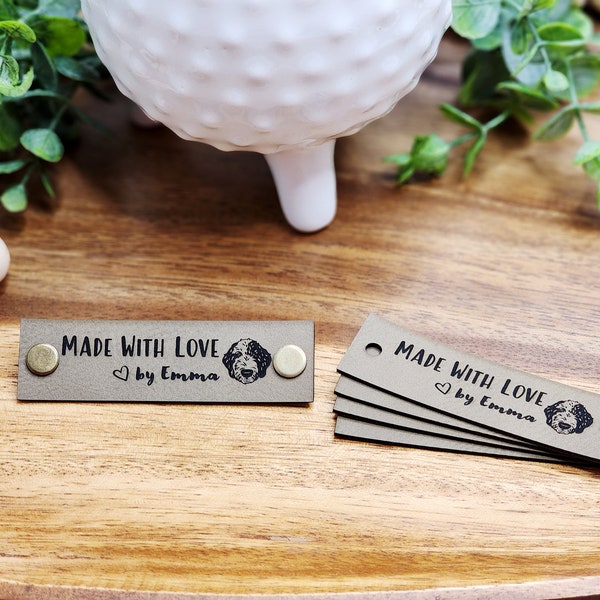 Custom Faux Leather Tags | 3" x 0.85" HORIZONTAL Labels | NO SEW Personalized Tags for Handmade Items | Knitting, Crochet, and Sewing Labels