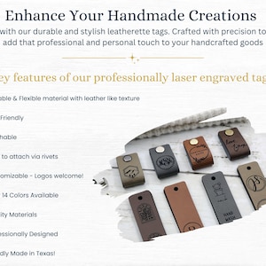 May include: A variety of leatherette tags with different laser engraved designs, including "Love & Light", "Hand Wash", and a cactus. The tags are customizable and come in over 14 colors. They are durable, flexible, eco-friendly, washable, and made in Texas.