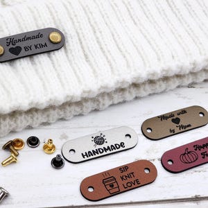1.5 x 0.5 inch Customized Faux Leather Product Tags, Small Personalized Tags for Knitting and Crochet, SNAP Rivet Labels for Handmade Items