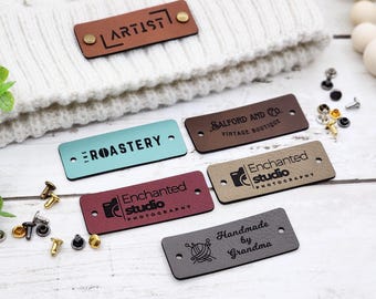 2.25 x .85 inch Custom Tags For Knits And Crochet, Faux Leather Labels For Handmade Items, Leather Tags With SNAP Rivets, Gifts for Knitters