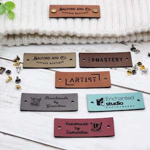 2.25 x .85 inch Custom Tags For Knits And Crochet, Faux Leather Labels For Handmade Items, Leather Tags With SNAP Rivets, Gifts for Knitters