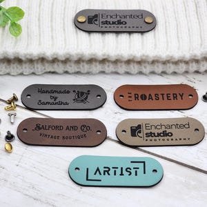 2.25 x .85 inch Custom Tags For Knits And Crochet, Faux Leather Labels For Handmade Items, Leather Tags With SNAP Rivets, Gifts for Knitters
