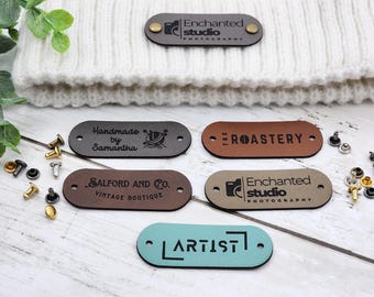 2.25 x .85 inch Custom Tags For Knits And Crochet, Faux Leather Labels For Handmade Items, Leather Tags With SNAP Rivets, Gifts for Knitters