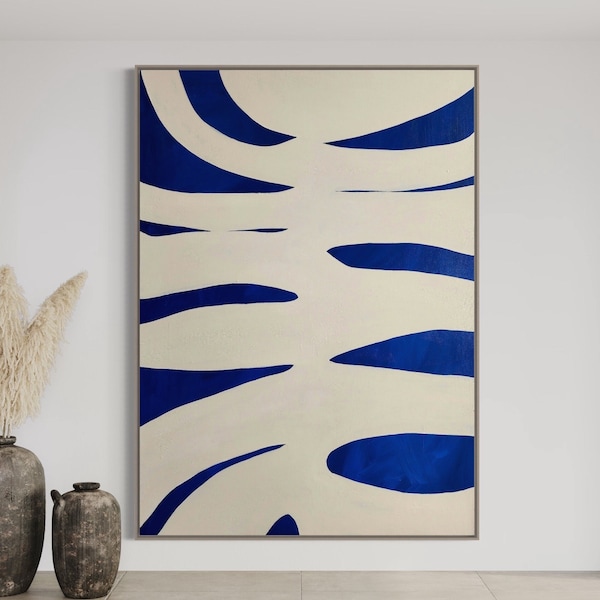 Extra grote Wall Art abstract, blauwe abstracte kunst, beige schilderij, grote blauwe schilderij, kunst aan de koningsblauwe muur, minimalistische schilderkunst, modern getextureerd