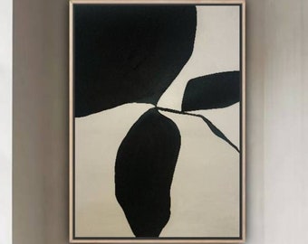 Cuadro abstracto de hojas negras y beige de gran tamaño sobre lienzo Cuadro minimalista Cuadro floral Cuadro por encargo Arte moderno Arte para sala de estar