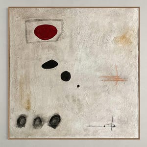 May include: Abstract painting with a white background and various shapes and lines in black, red, and orange. The painting features a red circle inside a square, black dots, and a cross shape.