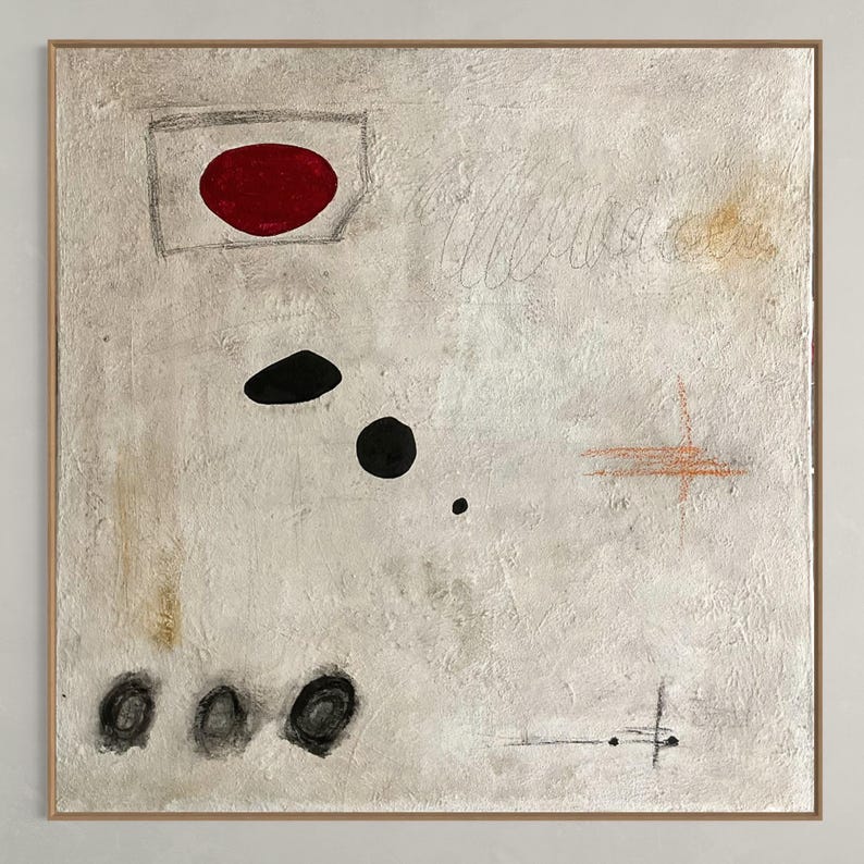 May include: Abstract painting with a white background and various shapes and lines in black, red, and orange. The painting features a red circle inside a square, black dots, and a cross shape.