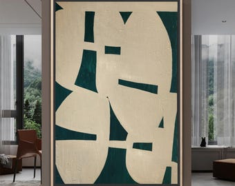 Extra Large Abstract Painting Minimalist Painting Green Abstract Painting Mid Century Modern Art Beige Painting Original Textured Painting