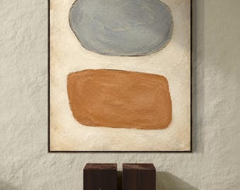 Minimalist abstract painting, textured neutral wall art, earth tone canvas art, modern organic shapes, terracotta artwork, pale blue artwork