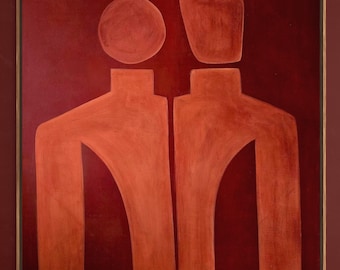 Terracotta Abstract Wall Art, Minimalist Geometric figures, earth tone modern canvas painting,large red abstract painting, couple painting