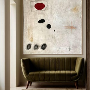 May include: Abstract painting with a white background, red circle, black shapes, and a few lines in brown and black.