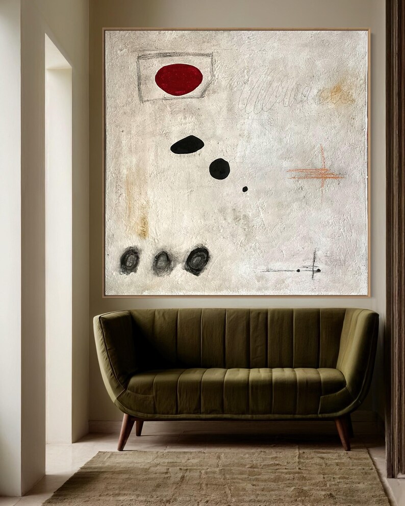 May include: Abstract painting with a white background, red circle, black shapes, and a few lines in brown and black.