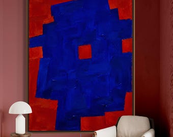 Red and Cobalt Blue Abstract Painting, Original Textured Canvas Art, Contemporary Minimalist Statement Painting, Modern Large Wall Art