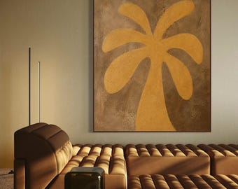 Extra Large Wall Art Abstract, Mustard Yellow Abstract Art, Abstract Palm Tree Painting,Textured Botanical Painting, Modern Boho Wall Decor