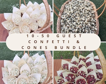 May include: A bundle of wicker baskets filled with light-colored wooden cones containing dried flower petals and grains. The text 10-50 GUEST CONFETTI & CONES BUNDLE is centered in the middle. The cones are arranged in rows within the baskets.