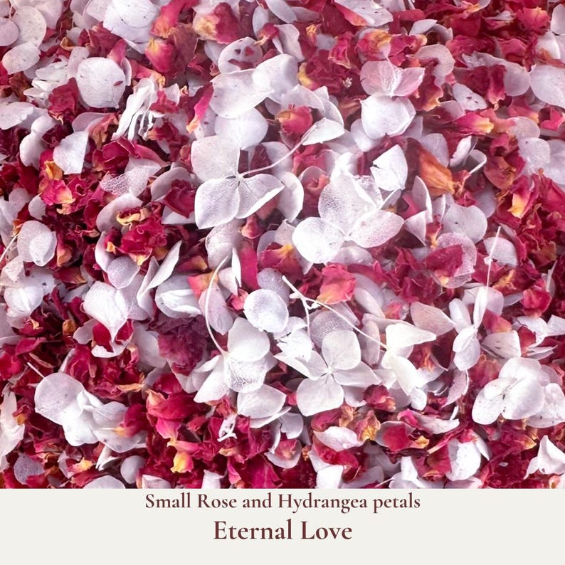 Eternal Love is our dainty burgundy rose and white hydrangea petals.  Ideal for tossing during your ceremony exit or filling confetti cones, these burgundy red and white petals add flair to any wedding theme. Eco-friendly and biodegradable, our real rose and hydrangea dried flower confetti ensures a beautiful, guilt-free celebration that respects nature. Our wedding confetti is a delicate, high-quality all natural rose and hydrangea petal confetti is perfect for creating a photogenic atmosphere.