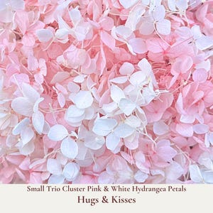 Hugs and Kisses wedding confetti is our pink and white small trio hydrangea petal clusters ideal for adorning wedding aisle's, showering the bride and groom during your ceremony exit, decorating reception tables, or filling confetti cones. Our bulk dried flower wedding confetti made from biodegradable eco friendly and sustainable all natural flower petals. Comes packed in re-sealable moisture proof 1 litre or 5 litre pouches depending upon your order quantity. Fast order delivery worldwide.