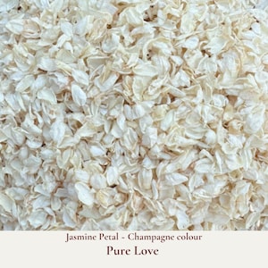 Pure Love is our wedding confetti blend of champagne coloured dried jasmine petals which is ideal for tossing during your ceremony exit or filling confetti cones. These dried jasmine petals are a boho alternative wedding theme. Eco-friendly and biodegradable, our real jasmine dried flower confetti ensures a beautiful, guilt-free celebration that respects nature. Our bulk dried flower wedding confetti made from biodegradable eco friendly and sustainable all natural flower petals.
