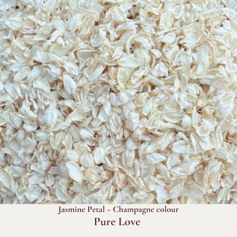 Pure Love is our wedding confetti blend of champagne coloured dried jasmine petals which is ideal for tossing during your ceremony exit or filling confetti cones. These dried jasmine petals are a boho alternative wedding theme. Eco-friendly and biodegradable, our real jasmine dried flower confetti ensures a beautiful, guilt-free celebration that respects nature. Our bulk dried flower wedding confetti made from biodegradable eco friendly and sustainable all natural flower petals.