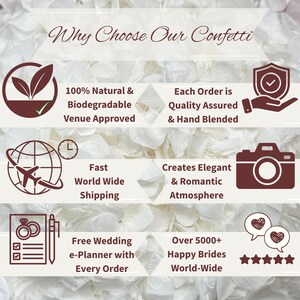 Why Choose Our Confetti? Our biodegradable confetti is made from natural dried or preserved eco-friendly flower petals and is approved for most wedding venues. Each order is hand blended and quality is assured. We offer fast worldwide shipping. Over 5000 happy brides worldwide. Receive a free wedding e-planner kit with every dried flower confetti order.