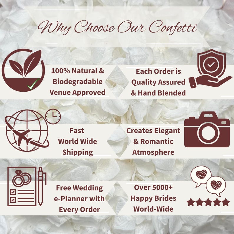 Why Choose Our Confetti? Our biodegradable confetti is made from natural dried or preserved eco-friendly flower petals and is approved for most wedding venues. Each order is hand blended and quality is assured. We offer fast worldwide shipping. Over 5000 happy brides worldwide. Receive a free wedding e-planner kit with every dried flower confetti order.