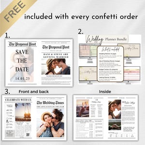 Receive a free wedding e-planner kit with every dried flower confetti order. What’s included: Wedding e-Planner (A4 size), Day of the Wedding e-Planner, Wedding Budget Spreadsheet, Seating Planner Spreadsheet, customisable wedding newspaper and save the date templates. Fully customizable, this template allows you to add a personal flair to your celebration. Use it for save-the-dates, ceremony programs, or as handouts for your welcome party or reception.
