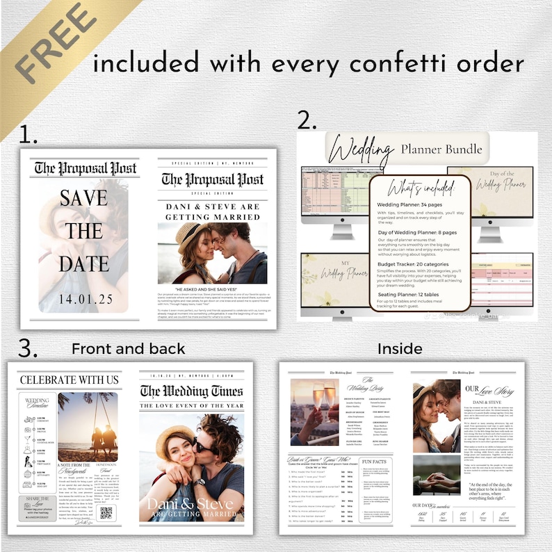Receive a free wedding e-planner kit with every dried flower confetti order. What’s included: Wedding e-Planner (A4 size), Day of the Wedding e-Planner, Wedding Budget Spreadsheet, Seating Planner Spreadsheet, customisable wedding newspaper and save the date templates. Fully customizable, this template allows you to add a personal flair to your celebration. Use it for save-the-dates, ceremony programs, or as handouts for your welcome party or reception.