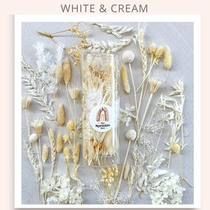 May include: A clear glass jar filled with dried white and cream colored flowers. The jar is labeled "The Sprinkle Bar".