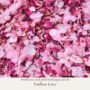 Endless Love is our wedding confetti blend of dainty burgundy rose and pink hydrangea petals. Ideal for tossing during your ceremony exit or filling confetti cones. These burgundy red and pink petals add flair to any wedding theme. Eco-friendly and biodegradable, our real rose and hydrangea dried flower confetti ensures a beautiful, guilt-free celebration that respects nature. Our bulk dried flower wedding confetti made from biodegradable eco friendly and sustainable all natural flower petals.
