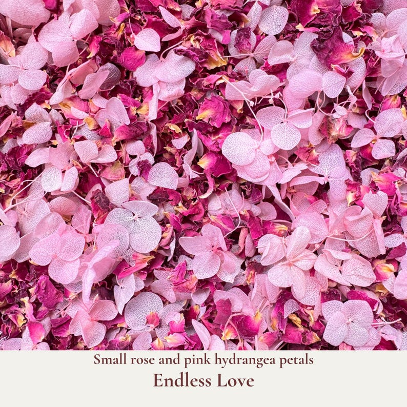 Endless Love is our wedding confetti blend of dainty burgundy rose and pink hydrangea petals. Ideal for tossing during your ceremony exit or filling confetti cones. These burgundy red and pink petals add flair to any wedding theme. Eco-friendly and biodegradable, our real rose and hydrangea dried flower confetti ensures a beautiful, guilt-free celebration that respects nature. Our bulk dried flower wedding confetti made from biodegradable eco friendly and sustainable all natural flower petals.
