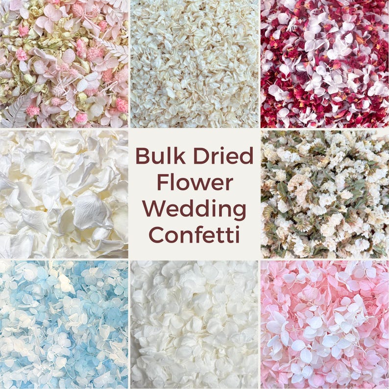 Our bulk dried flower wedding confetti made from biodegradable eco friendly and sustainable all natural flower petals. Comes packed in re-sealable moisture proof 1 litre or 5 litre pouches depending upon your order quantity. Fast order delivery worldwide. 1 litre for every 10 guest handfuls or fills 10 confetti cones or 10 glassine bags.