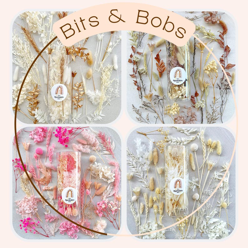 Dried Flower pieces. Comprising of a mix of Bunny Tails, Ruscus, Sea Holly, Babies Breath, Wheat, Fern Leaf, Hydrangea, Nigella, Misty, Billy Buttons and other assorted dried flowers. Ideal small pieces for cake and cupcake decorating and resin craft