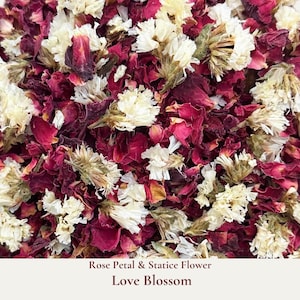 Love Blossom is our wedding confetti blend of dainty burgundy rose and white statice petals. Ideal for tossing during your ceremony exit or filling confetti cones. These burgundy red and white petals add flair to any wedding theme. Eco-friendly and biodegradable, our real rose and statice flower confetti ensures a beautiful, guilt-free celebration that respects nature. Our bulk dried flower wedding confetti made from biodegradable eco friendly and sustainable all natural flower petals.