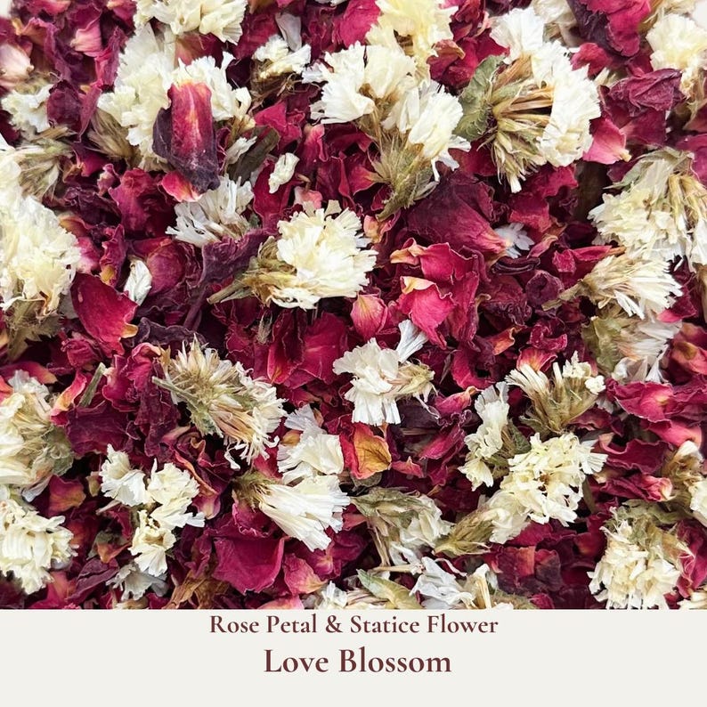 Love Blossom is our wedding confetti blend of dainty burgundy rose and white statice petals. Ideal for tossing during your ceremony exit or filling confetti cones. These burgundy red and white petals add flair to any wedding theme. Eco-friendly and biodegradable, our real rose and statice flower confetti ensures a beautiful, guilt-free celebration that respects nature. Our bulk dried flower wedding confetti made from biodegradable eco friendly and sustainable all natural flower petals.