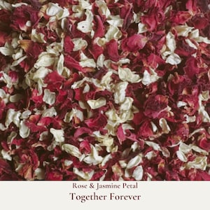 Together Forever is our wedding confetti blend of dainty burgundy rose and jasmine petals. Ideal for tossing during your ceremony exit or filling confetti cones. These burgundy red and cream petals add flair to any wedding theme. Eco-friendly and biodegradable, our real rose and jasmine dried flower confetti ensures a beautiful, guilt-free celebration that respects nature. Our bulk dried flower wedding confetti made from biodegradable eco friendly and sustainable all natural flower petals.