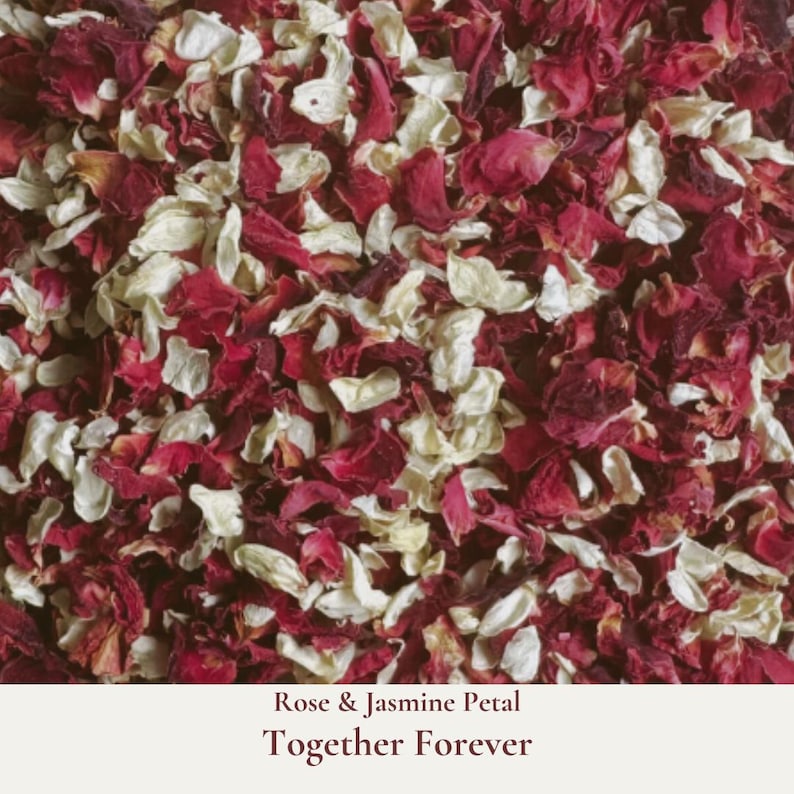 Together Forever is our wedding confetti blend of dainty burgundy rose and jasmine petals. Ideal for tossing during your ceremony exit or filling confetti cones. These burgundy red and cream petals add flair to any wedding theme. Eco-friendly and biodegradable, our real rose and jasmine dried flower confetti ensures a beautiful, guilt-free celebration that respects nature. Our bulk dried flower wedding confetti made from biodegradable eco friendly and sustainable all natural flower petals.