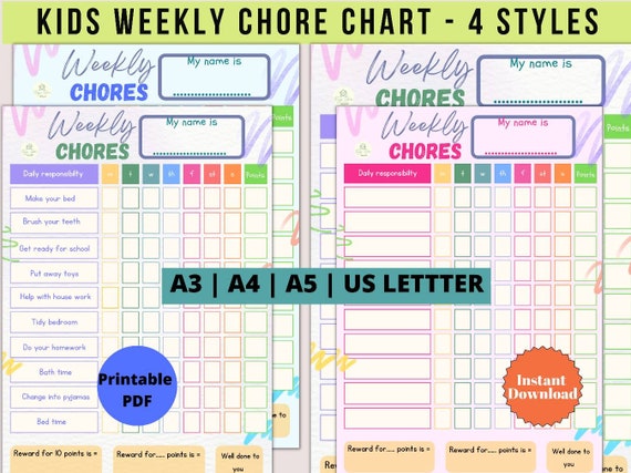Chore Chart, Kids Chore Chart, Kids Chore List, Reward Chart, Cleaning Chart, Responsibility Chart, Planner, Printable, Digital, PDF