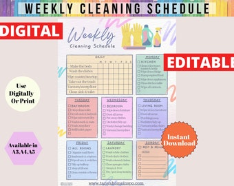 Horario de limpieza semanal, Lista de tareas, Lista de verificación de limpieza, Tabla de limpieza, Limpieza, Horario del hogar, Planificador, Imprimible, Digital, PDF