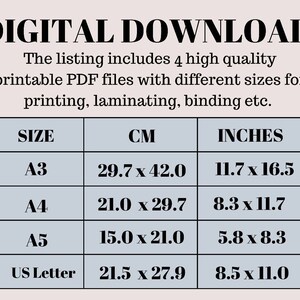 Może przedstawiać: Tabela przedstawiająca wymiary czterech r&oacute;żnych format&oacute;w papieru w centymetrach i calach. Formaty to A3, A4, A5 i US Letter.