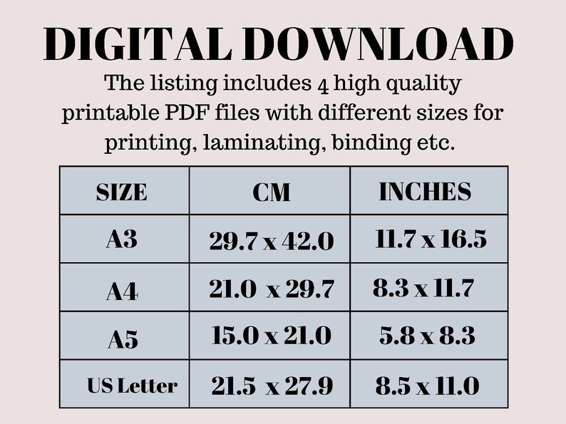 Może przedstawiać: Tabela przedstawiająca wymiary czterech r&oacute;żnych format&oacute;w papieru w centymetrach i calach. Formaty to A3, A4, A5 i US Letter.