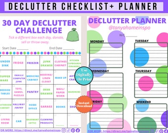 May include: A declutter checklist and planner with the text "30 Day Declutter Challenge" and "Declutter Planner." The checklist includes areas like the fridge, junk drawer, and wardrobe. The planner has sections for each day of the week.