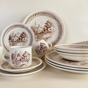 Vintage Crown Lynn &#39;Country Chapel&#39; brown dinnerware set