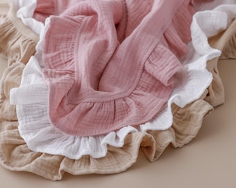 Muslin blanket, cotton frill baby swaddle, ruffled muslin wrap