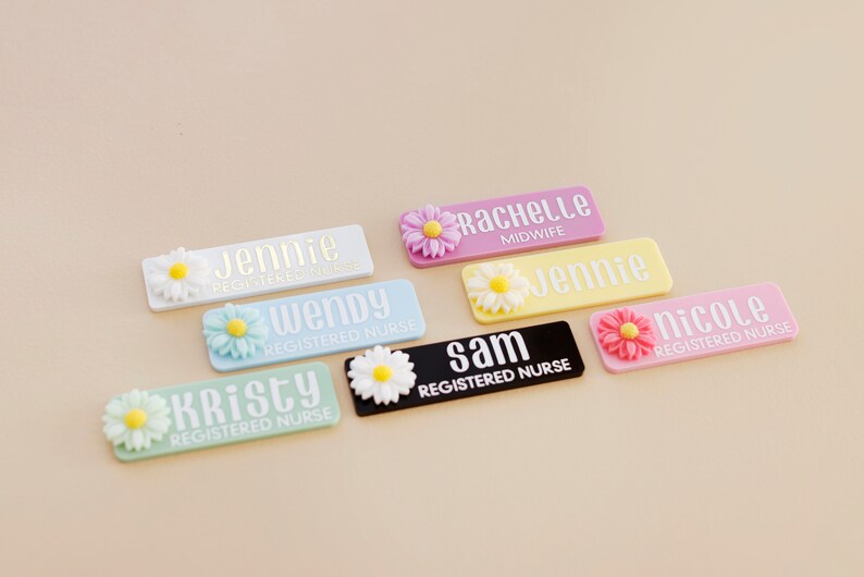 Cute Flower Name Badge Personalised, Registered Nurse Name Badge