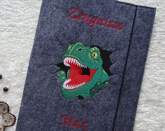 Personalized dinosaur certificate folder "T-Rex" made of felt including display book with 20 transparent pockets